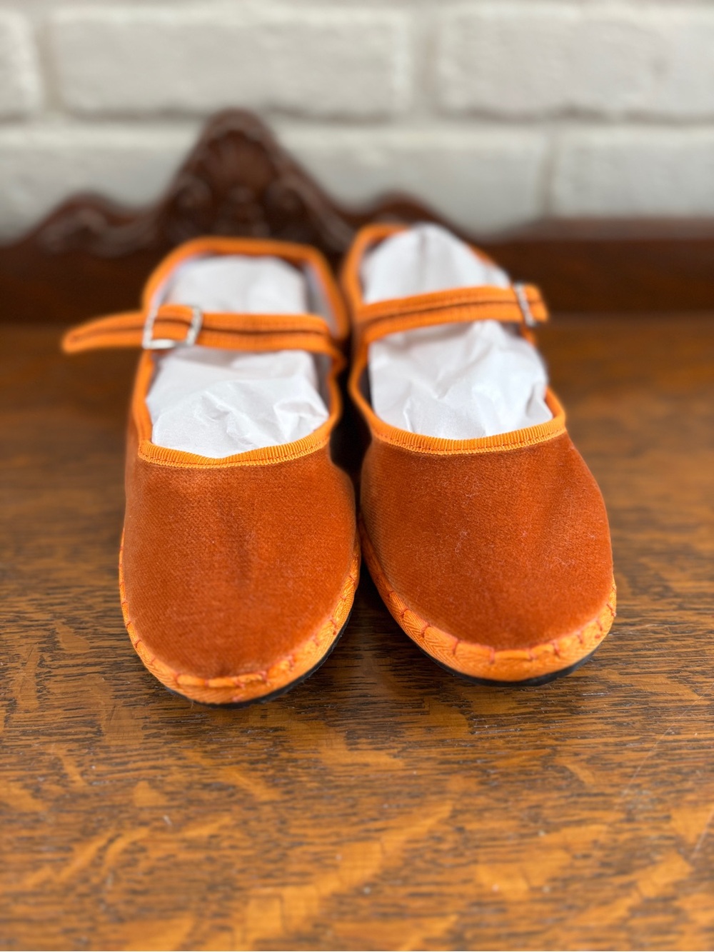 Orange Velvet Flats with Ankle Strap